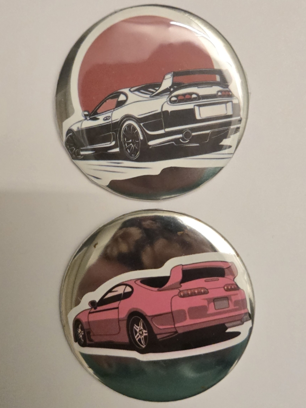JDM Supra Style 2.25” Pin Back Button Set Pink & Silver